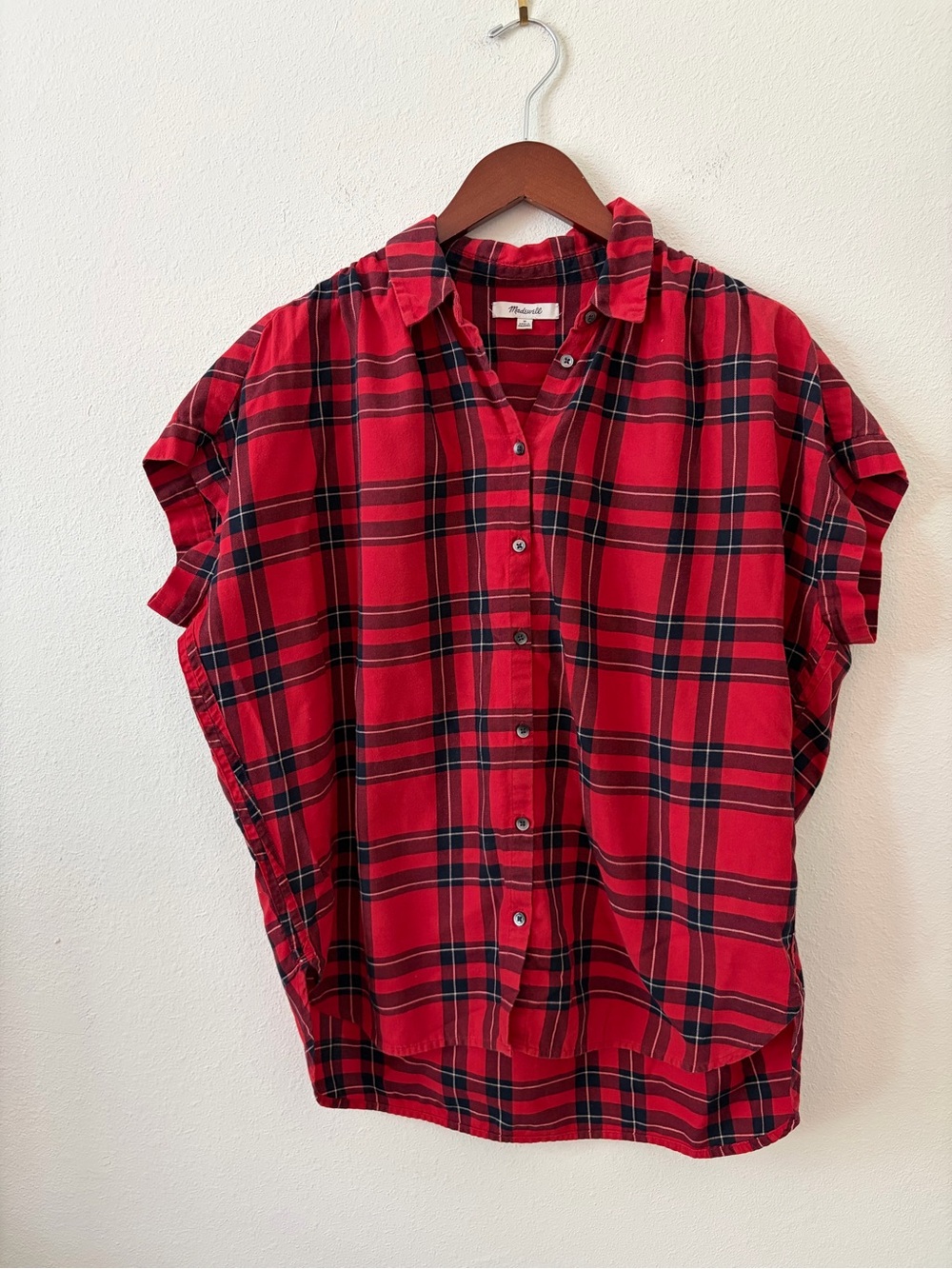 Madewell Red Plaid Popover Shirt Size M Short Sleeve Cotton Button Front